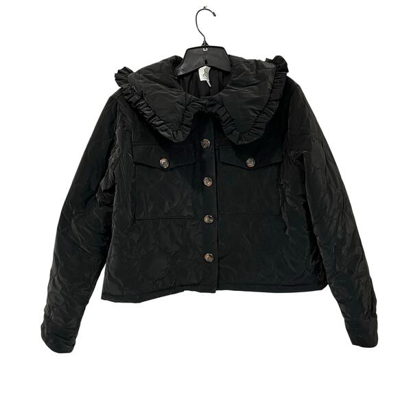 DRA Black Quilted Puffer Jacket Size M Peter Pan Ruffle Collar Fall Outerwear - Picture 1 of 9